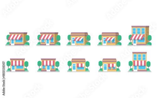 A collection of flat-style vector illustrations of small storefront buildings with striped awnings, large windows, and surrounding trees. Easy editable vector illustration