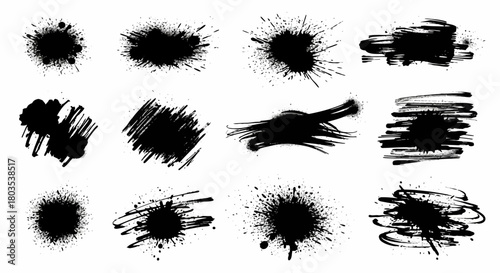 Set of Black Ink Splashes and Brush Strokes for Grunge Design
