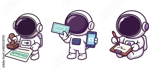 astronaut working on laptop and writing notes