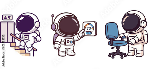 two cartoon astronauts fixing panel and setting chair