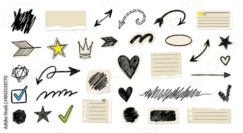 Hand-drawn elements and doodles for design with arrows, stars, hearts, check marks and textures