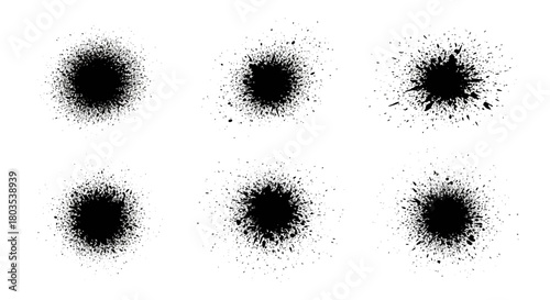 Set of black ink splatter textures isolated on white background, design elements