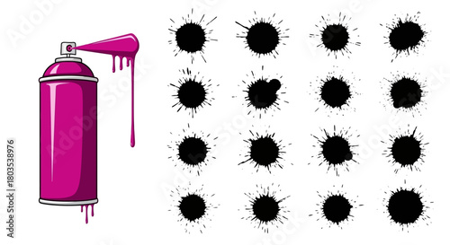 Spray Paint Can and Black Ink Splatter Design Elements for Graffiti Art and Creative Projects