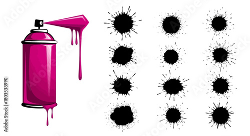 Pink Spray Paint Can with Ink Splatters Creative Art and Graffiti Vector Illustration