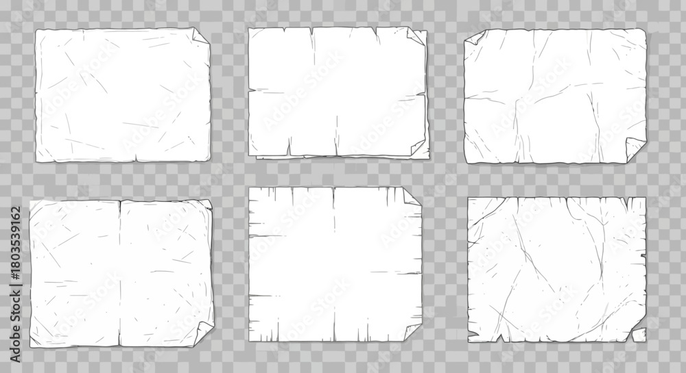 Obraz premium A collection of empty vintage paper templates with wrinkled surfaces and torn ragged edges, isolated vector design elements