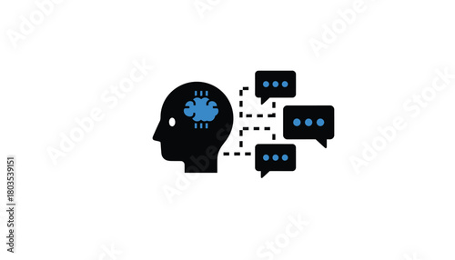 Human head with brain and speech bubbles representing communication and thoughts illustration for psychology and mental health concepts