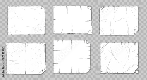 A collection of empty vintage paper templates with wrinkled surfaces and torn ragged edges, isolated vector design elements