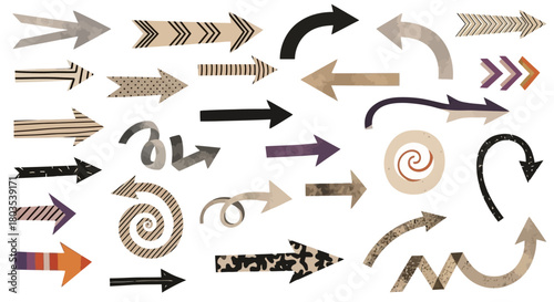 A dynamic collection of diverse directional arrow designs, showcasing a wide variety of styles from classic to whimsical, perfect for enhancing graphic design projects and visual navigation elements