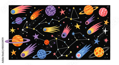 A vibrant and playful illustration of the solar system, showcasing colorful planets, comets, and star constellations across the galaxy