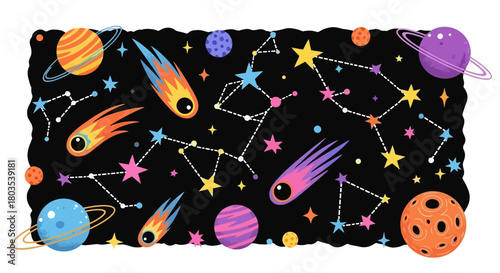 Colorful Galaxy Background with Planets, Constellations, and Shooting Stars