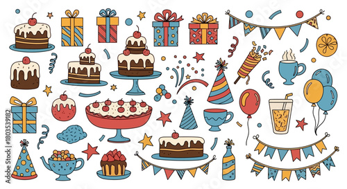 Festive Celebration Hand-Drawn Party Elements for Birthdays and Events