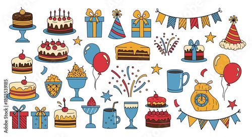 Happy birthday celebration elements, festive decorations, and sweet treats for a joyous occasion