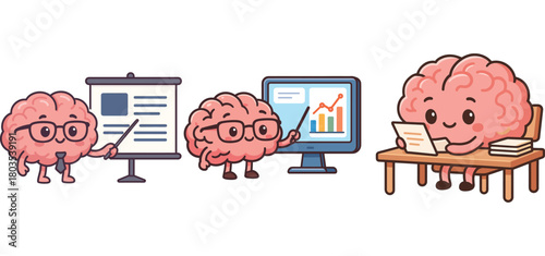 cute brain explaining charts and presentation data