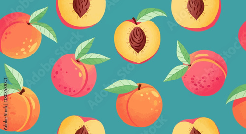 Vibrant Seamless Pattern of Fresh Ripe Peaches, Including Halved Fruits with Pits, Set Against a Teal Background, Ideal for Summer Designs, Textiles, and Food-related Graphics