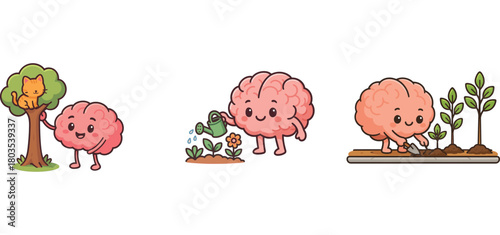 cute brain watering plants and planting seedlings