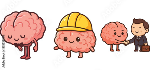 cute brain wearing construction helmet with worker