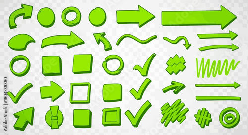 A vibrant collection of hand-drawn green doodle elements, including arrows, checkmarks, circles, and scribbles for creative design and annotation