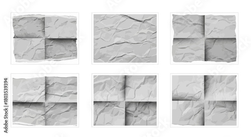 A collection of six different wrinkled and crumpled white paper sheets, each folded into four quadrants and isolated on a white background