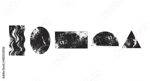 Collection of abstract monochrome geometric shapes with a distressed grunge texture, including circle, rectangle, and triangle elements for design