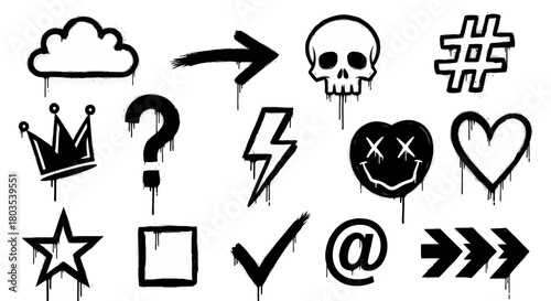 Collection of black and white graffiti symbols featuring a dripping paint effect, showcasing edgy urban icons like a skull, heart, and lightning bolt, perfect for street art and graphic design