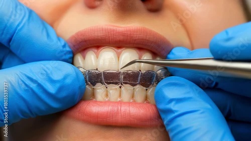 A dentist using a metal tool to adjust a clear, plastic aligner on human teeth