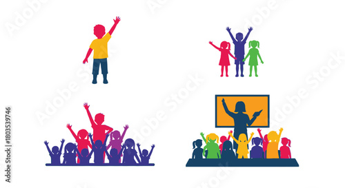 Colorful silhouettes of children celebrating learning and a teacher presenting