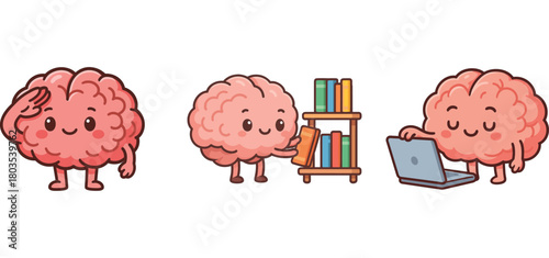 cartoon brain carrying book bag and working on laptop