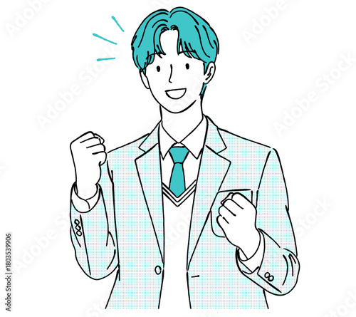 ガッツポーズをする男子学生（制服）,やる気,応援,合格,成功,学校,シンプル,ベクター