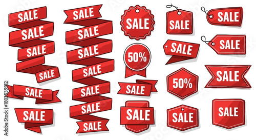 Assortment of Red Sale Banners and Tags for Promotional Offers