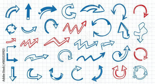 Hand-Drawn Arrows in Various Shapes and Styles on Grid Background Navigational and Design Elements