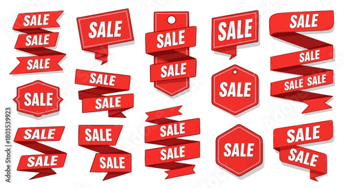 Red Sale Banners and Ribbons Vector Set for Promotions and Discounts