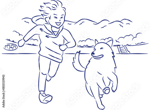 少年と犬が楽しそうに走っている線画イラスト