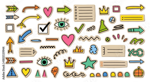 Doodle Stickers Arrows, Hearts, and Decorative Elements for Creative Design