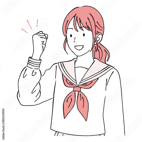 ガッツポーズをする女子学生（セーラー服）,やる気,応援,合格,成功,学校,シンプル,ベクター