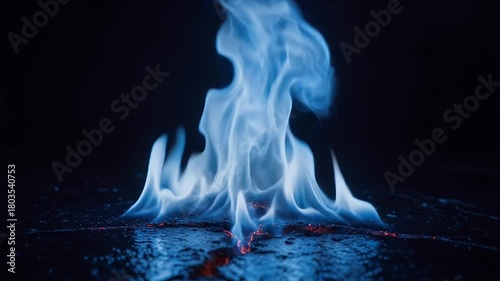 Blue Flame Erupting From Dark Surface With Red Ember Glow And Smoke Wisps