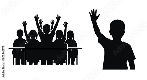 A group of silhouetted people raising hands a student volunteering uniquely