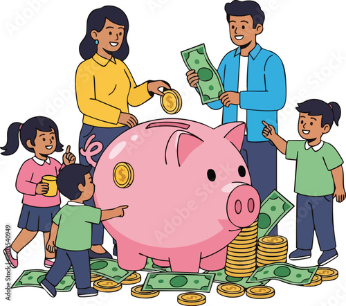 A cartoon family with two adults and two children putting coins into a large pink piggy bank surrounded by money on a white background with a colorful and playful mood.