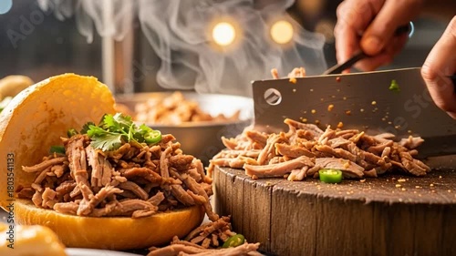 Close up of delicious shredded meat being prepared for an appetizing sandwich