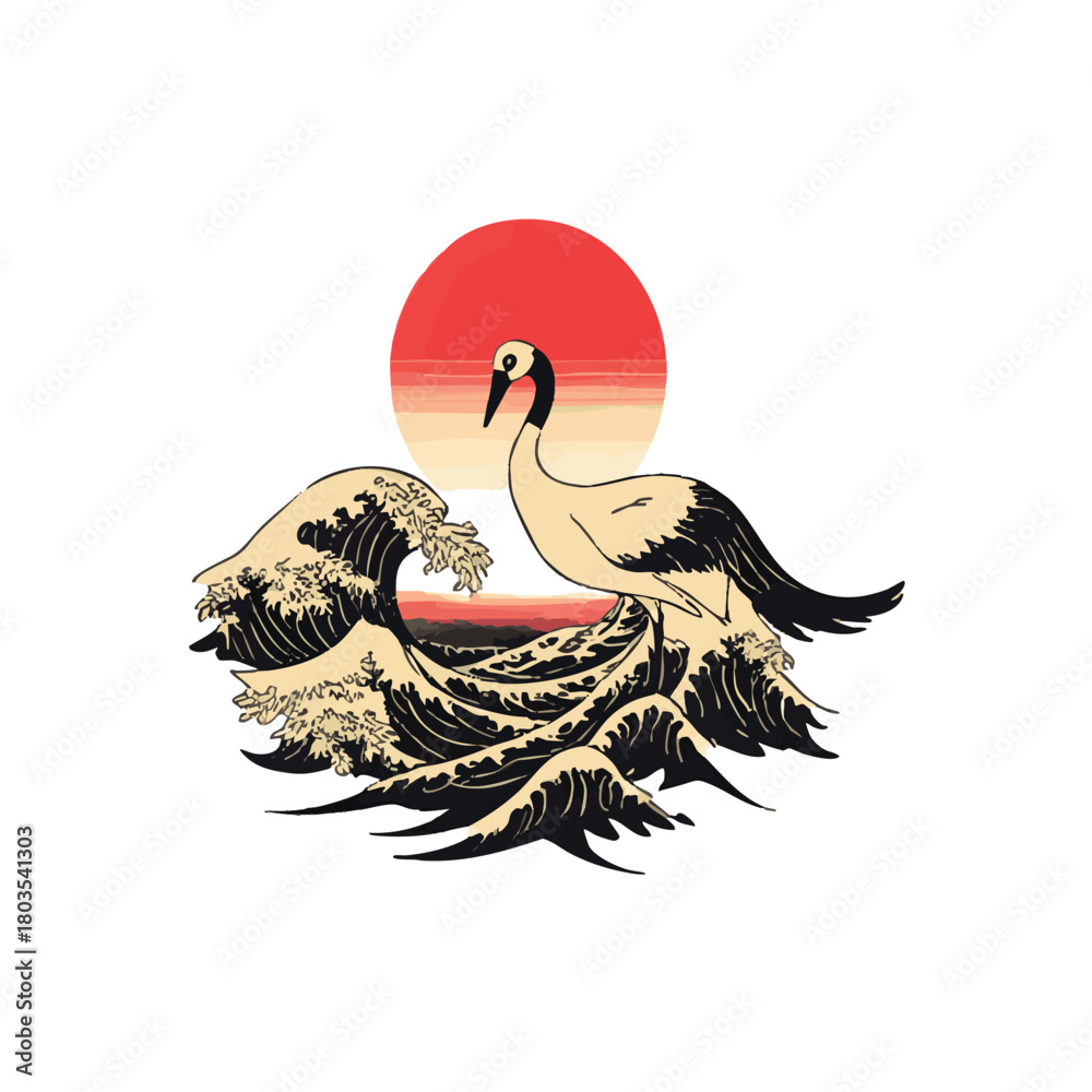 Naklejka premium A Japanese red-crowned crane gracefully balances by turbulent black ink waves, with a radiant red sun reflecting on the distant horizon in a traditional minimalist style..eps