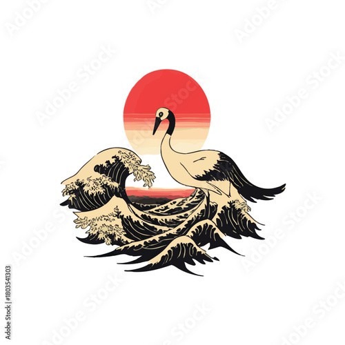 A Japanese red-crowned crane gracefully balances by turbulent black ink waves, with a radiant red sun reflecting on the distant horizon in a traditional minimalist style..eps