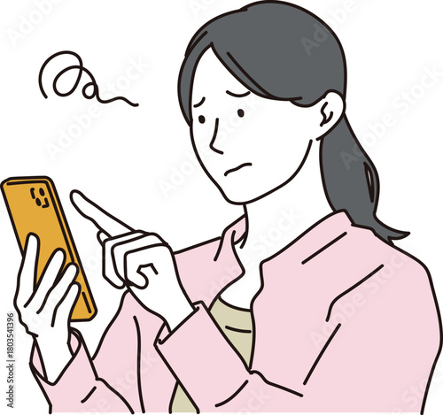 困り顔でスマホを操作する女性のイラスト素材