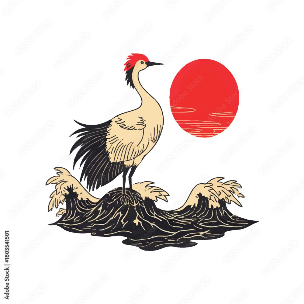 Naklejka premium A Japanese red-crowned crane gracefully balances by turbulent black ink waves, with a radiant red sun reflecting on the distant horizon in a traditional minimalist style..eps