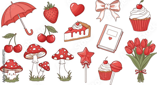 Red sticker set with umbrella, cherry, strawberry
