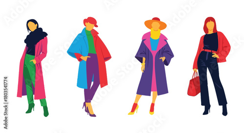Four fashionable women depicted in a colorful and minimalist illustration style
