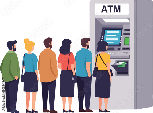 A diverse group of people standing in line at a bank ATM, viewed from behind, with a clean and simple background.