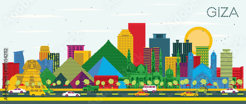 Giza Egypt City Skyline with Color Buildings and Blue Sky. Illustration. Business Travel and Tourism Concept with Historic Architecture. Giza Cityscape with Famous Landmarks.