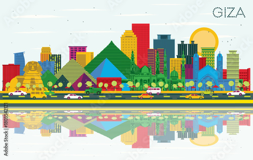 Giza Egypt City Skyline with Color Buildings, Blue Sky and Reflections. Illustration. Business Travel and Tourism Concept with Historic Architecture. Giza Cityscape with Famous Landmarks.