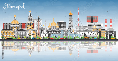 Stavropol Russia city skyline with color buildings, blue sky and reflections. Stavropol cityscape with landmarks. Travel and tourism concept with modern and historic architecture.