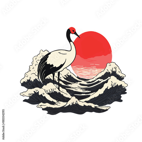 A Japanese red-crowned crane gracefully balances by turbulent black ink waves, with a radiant red sun reflecting on the distant horizon in a traditional minimalist style..eps