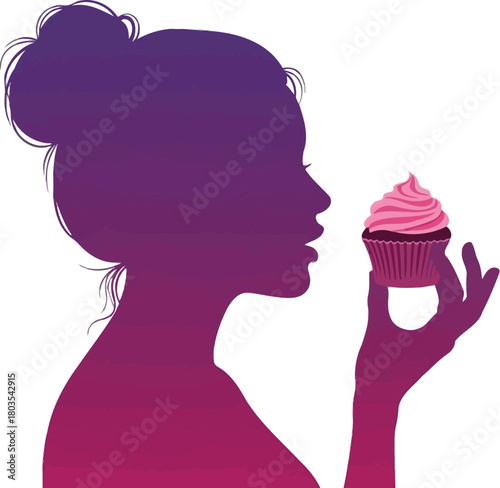 Woman Silhouette with Cupcake, Sweet Treat on a White Background